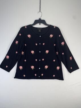 Erin Matthews Cardigan Sweater Womens XL Black Rose Embroidered Button